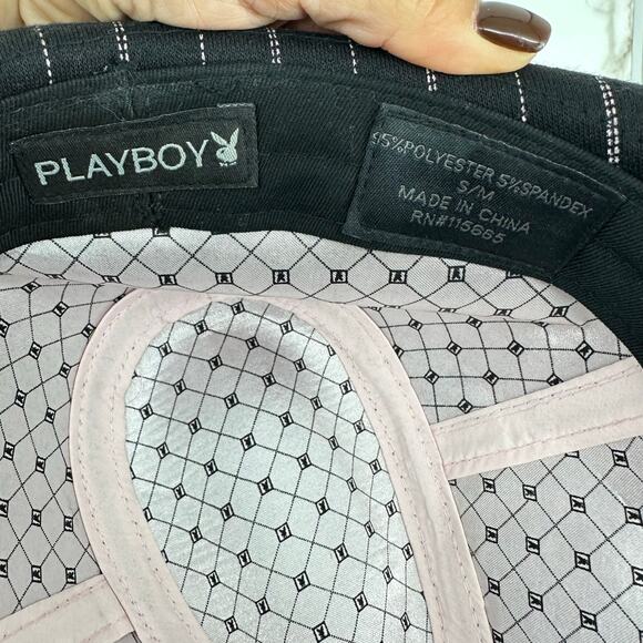 Vintage Y2K Playboy Bunny Fedora Hat Pinstripes Rhinestone S/M Black Pink - Picture 5 of 6